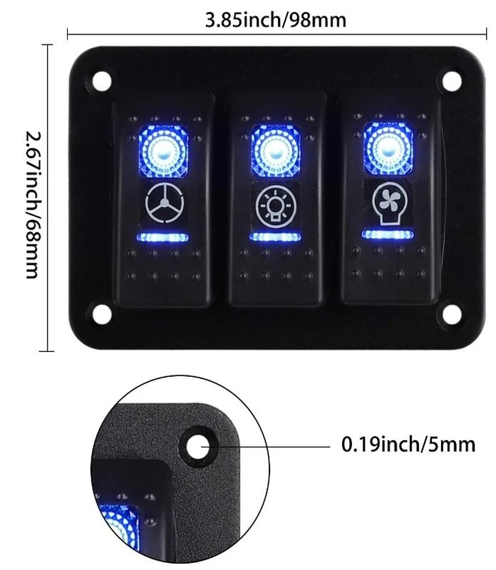 دی سی 12 ولت 24 ولت ال ای دی آبی با نور پس زمینه 3 باند آلومینیوم 5 پین ON Off Toggle Rocker Switch Panel