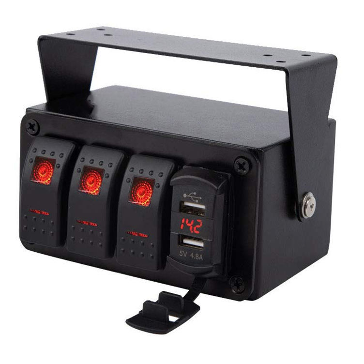 DC12V 24V 3 گینگ قرمز LED Light Rocker Switch Panel Box با شارژر دوگانه 4.8A USB