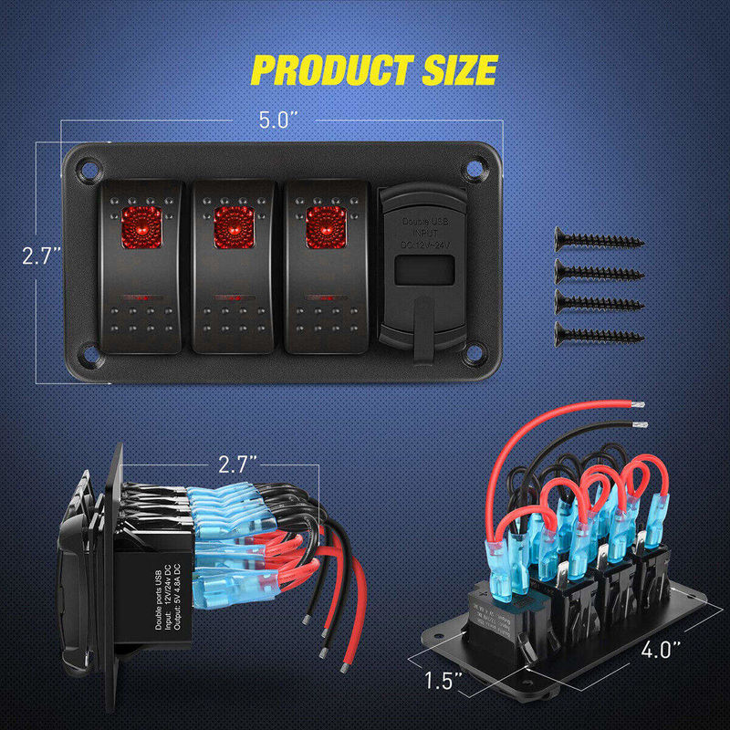 DC12V 24V 3 گینگ قرمز LED Light Rocker Switch Panel Box با شارژر دوگانه 4.8A USB